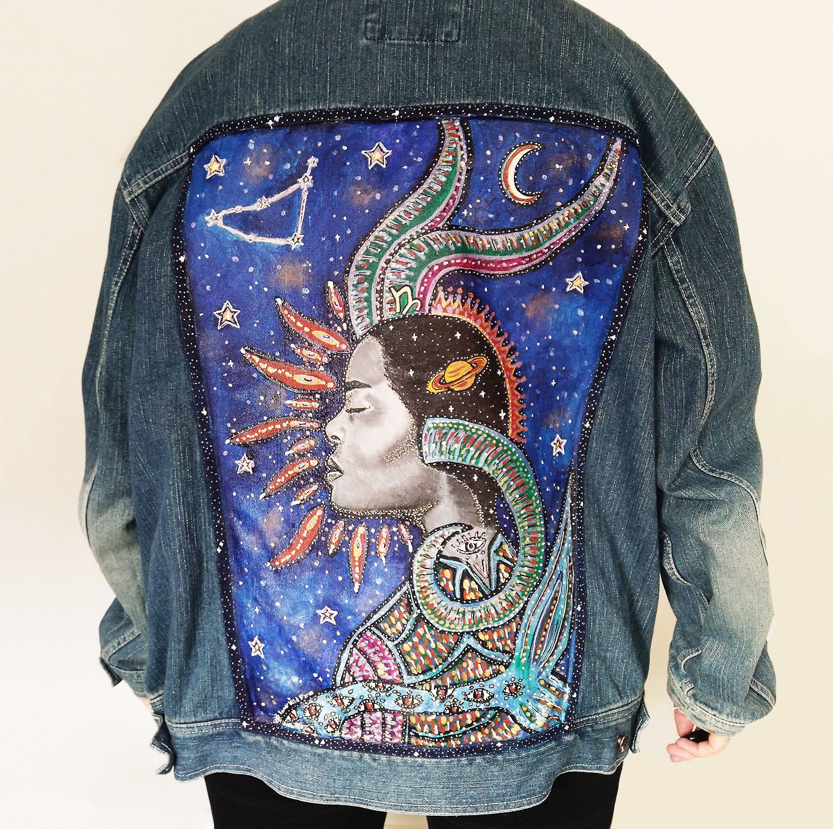 Capricorn XL Hand Painted One Of A Kind Denim Jacket